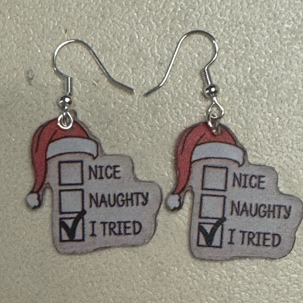 Festive handmade and wooden, Dangling Santa Hat Earrings - Red and White